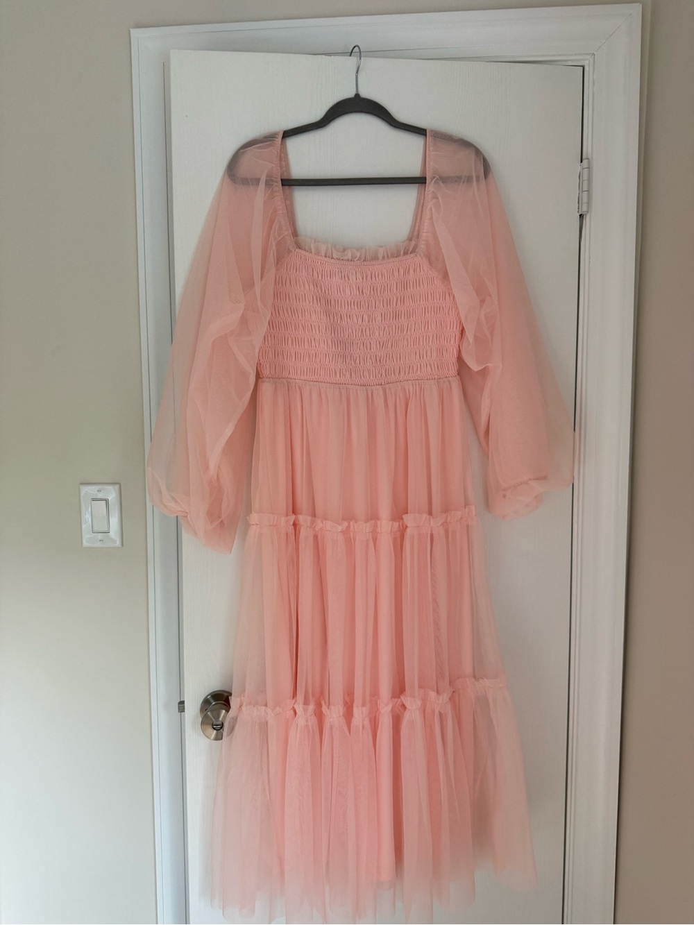 ' Pink Tulle Tiered Dress with Puff Sleeves